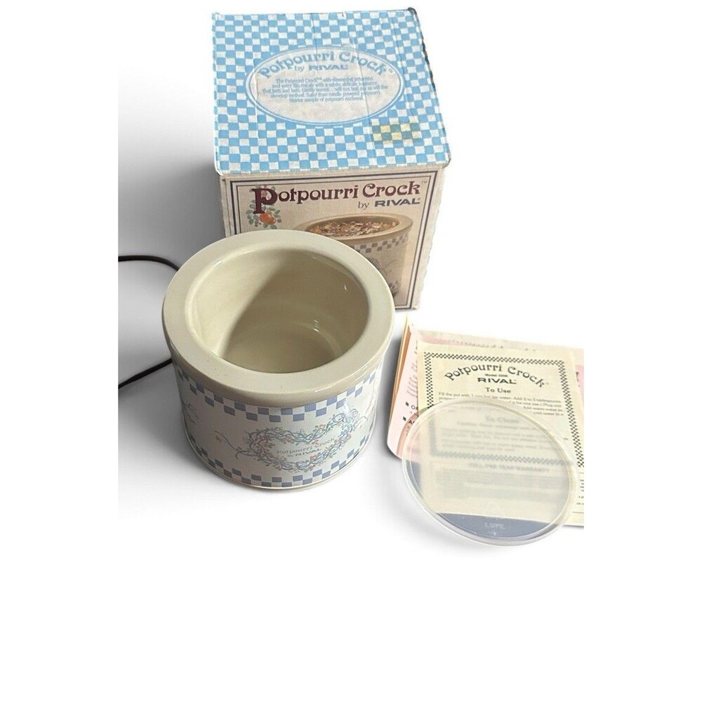 Vintage Rival Potpourri Crock Pot Blue Check Floral Heart Country Cottage Works